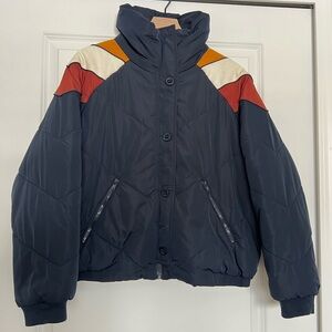 Free People Navy Winter Puffer Coat w Corduroy Detailing